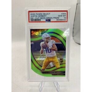 Justin Herbert Rookie RC 2020 Panini Select  344 Neon Green Prizm Die-Cut PSA 10
